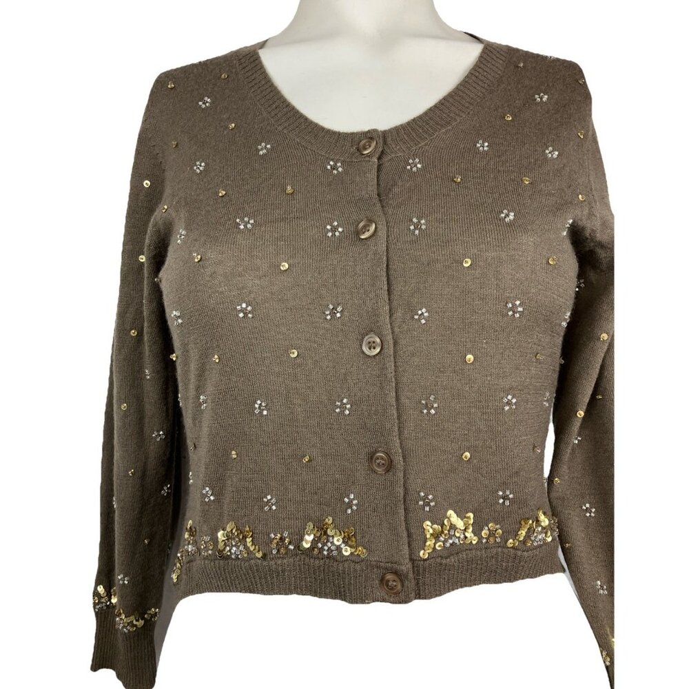 Vintage Zelda Merino Or Cashmere Cardigan Sweater Sequins Olive Green